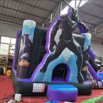 Black Panther themed inflatable bounce house combo in purple, black, and blue