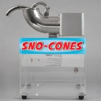 Sno-cone ice shaving machine with a red SNO-CONES sign