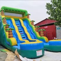 Tropical dual-lane inflatable water slide with palm trees and a splash pool